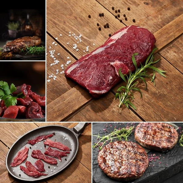 Elchfelisch-Box mit Fleischprodukten wie Rücken, Entrcote oder Skav